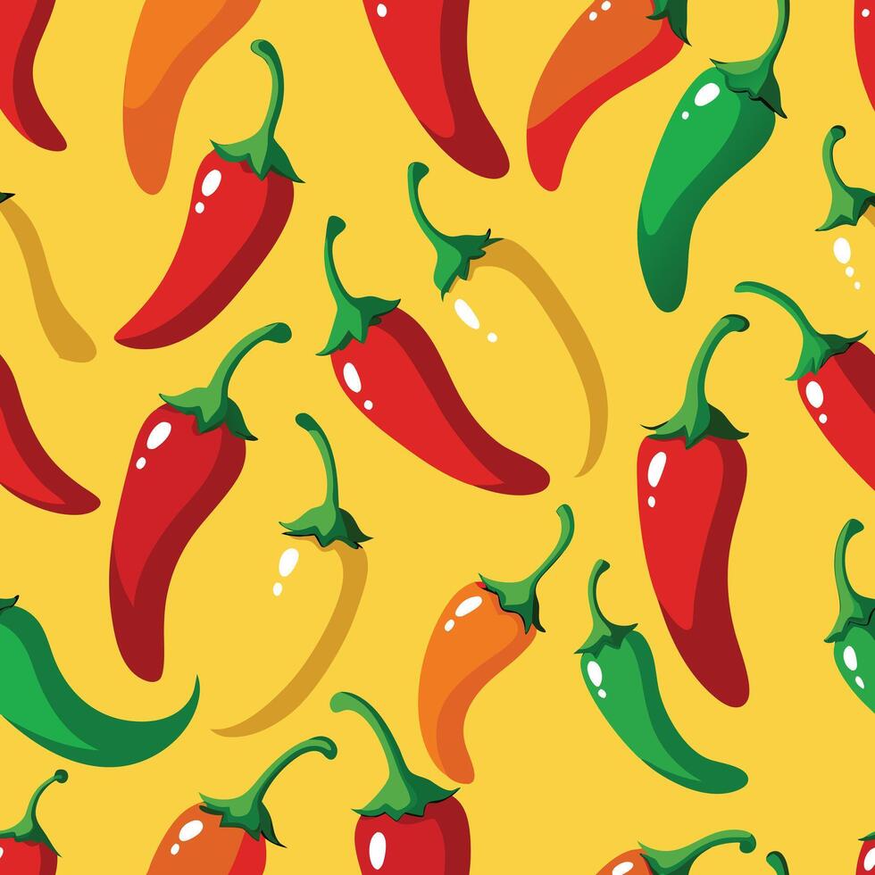 Seamless pattern of red, green and yellow hot chili peppers. red, green and yellow hot chili peppers. vector