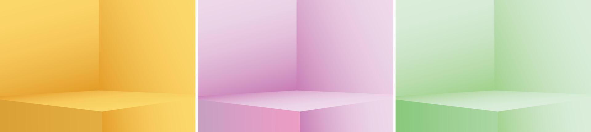 Interior corner wall room yellow pink Green 3d background of abstract empty product studio showroom display and blank presentation podium pedestal platform perspective table backdrop. vector