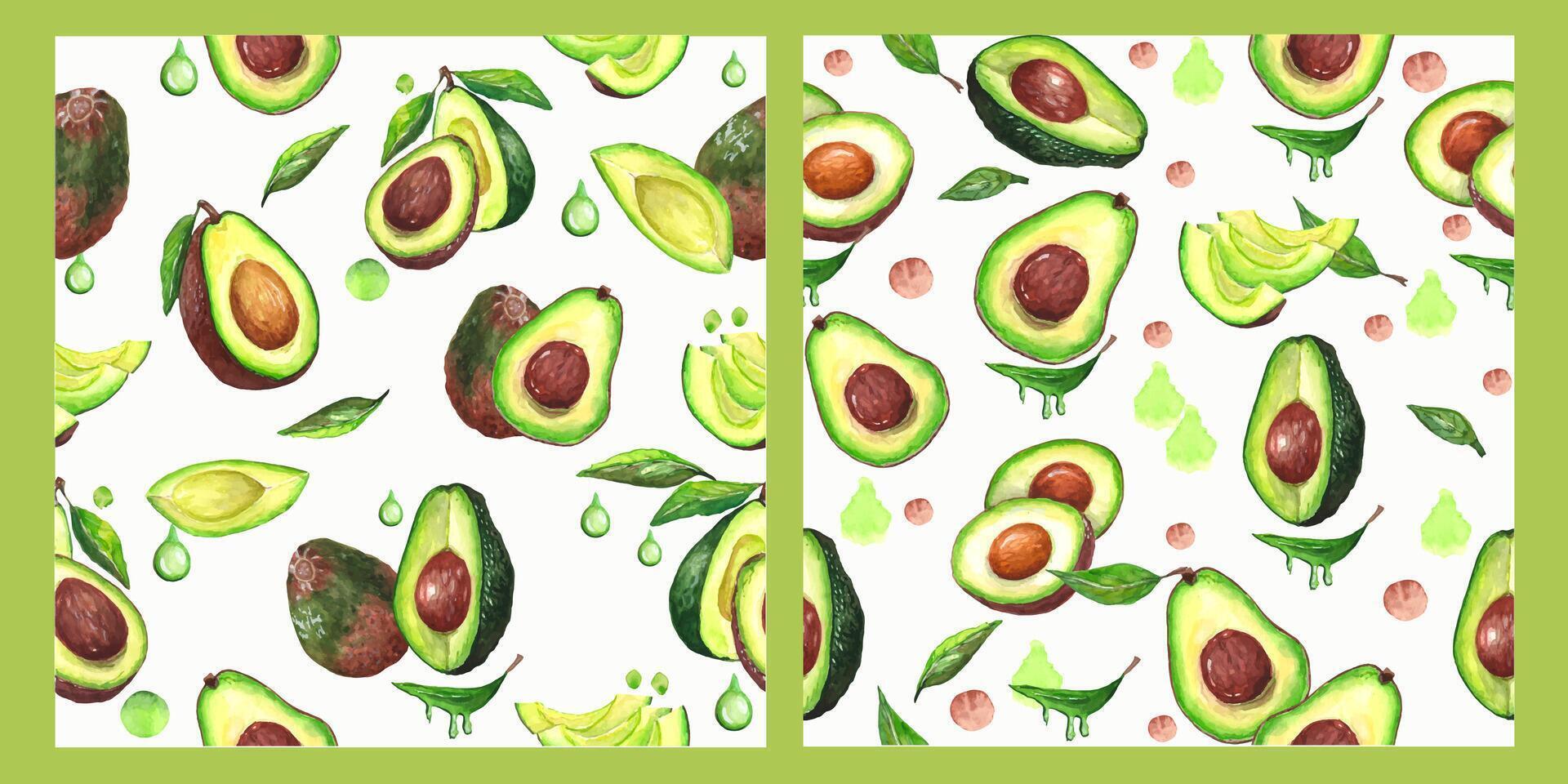 2 seamless patterns. All avocado elements are painted with watercolors. vector