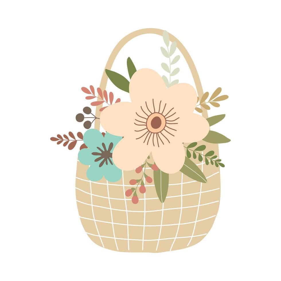 Hand drawn wicker basket with flowers and leaves isolated on white background vector