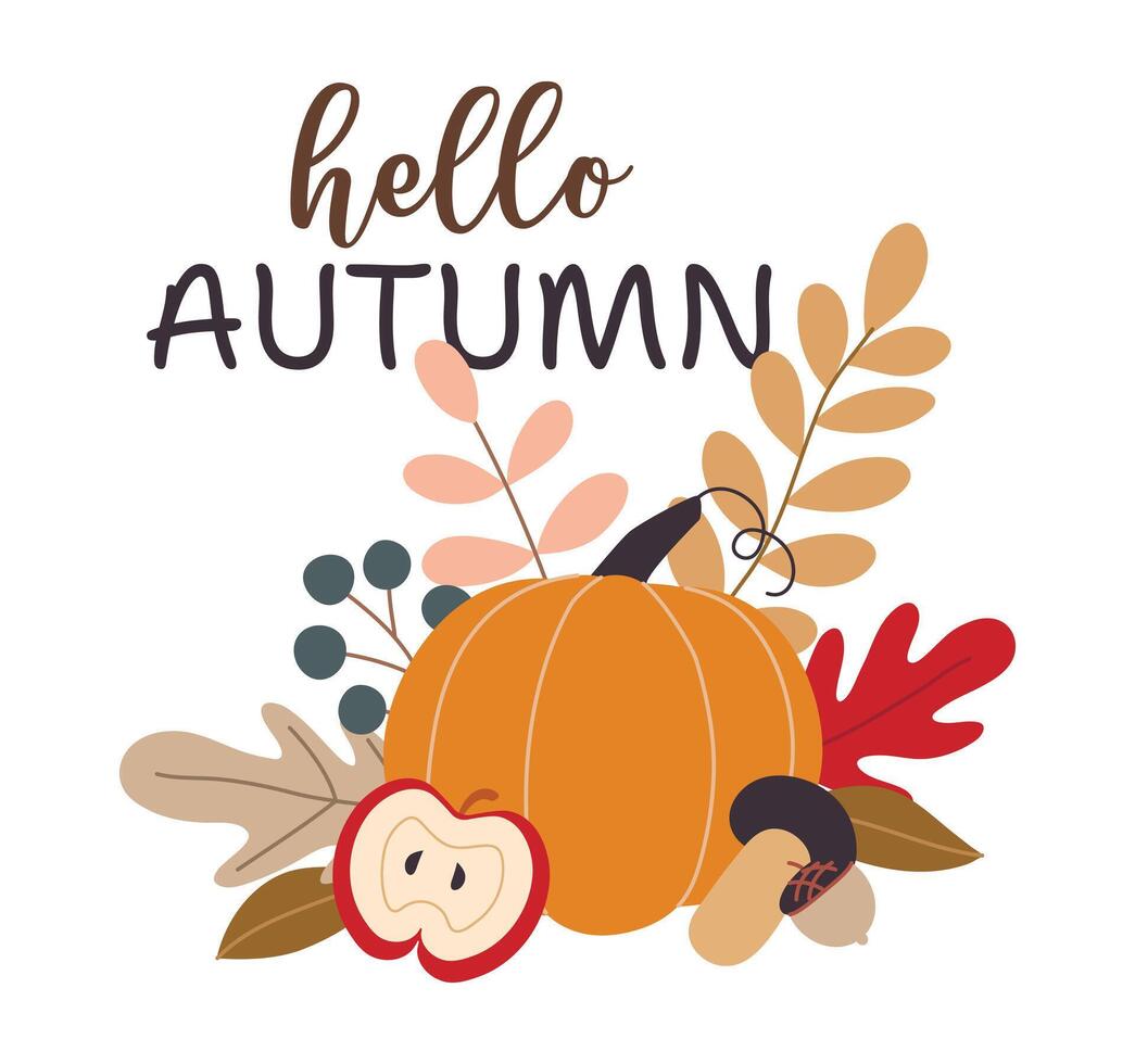 Autumn pumpkins, forest leaves and berries isolated on white background vector