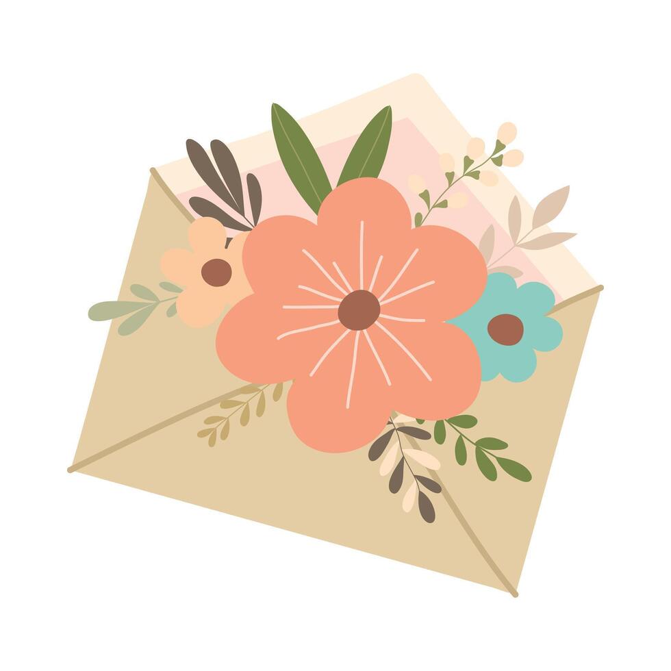 Hand drawn envelope with flowers and leaves isolated on white background vector