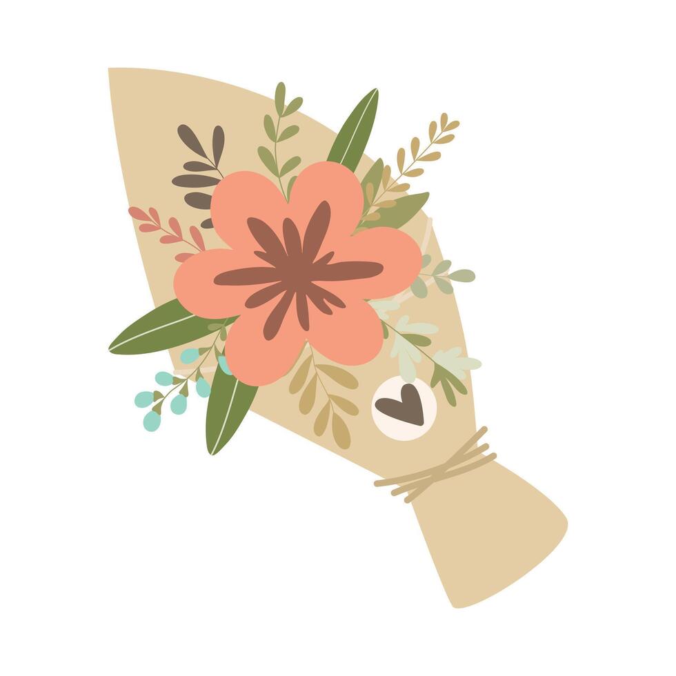 Hand drawn bouquet with flowers and leaves isolated on white background vector