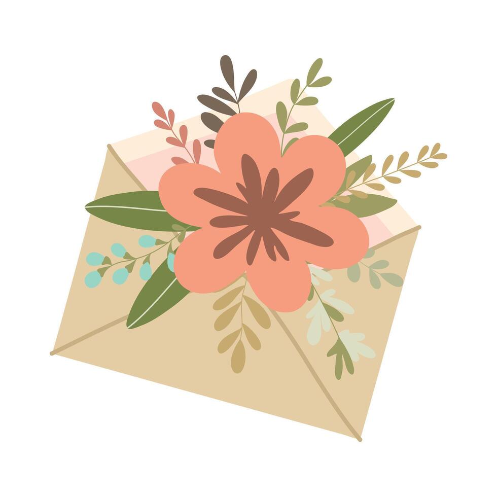 Hand drawn envelope with flowers and leaves isolated on white background vector