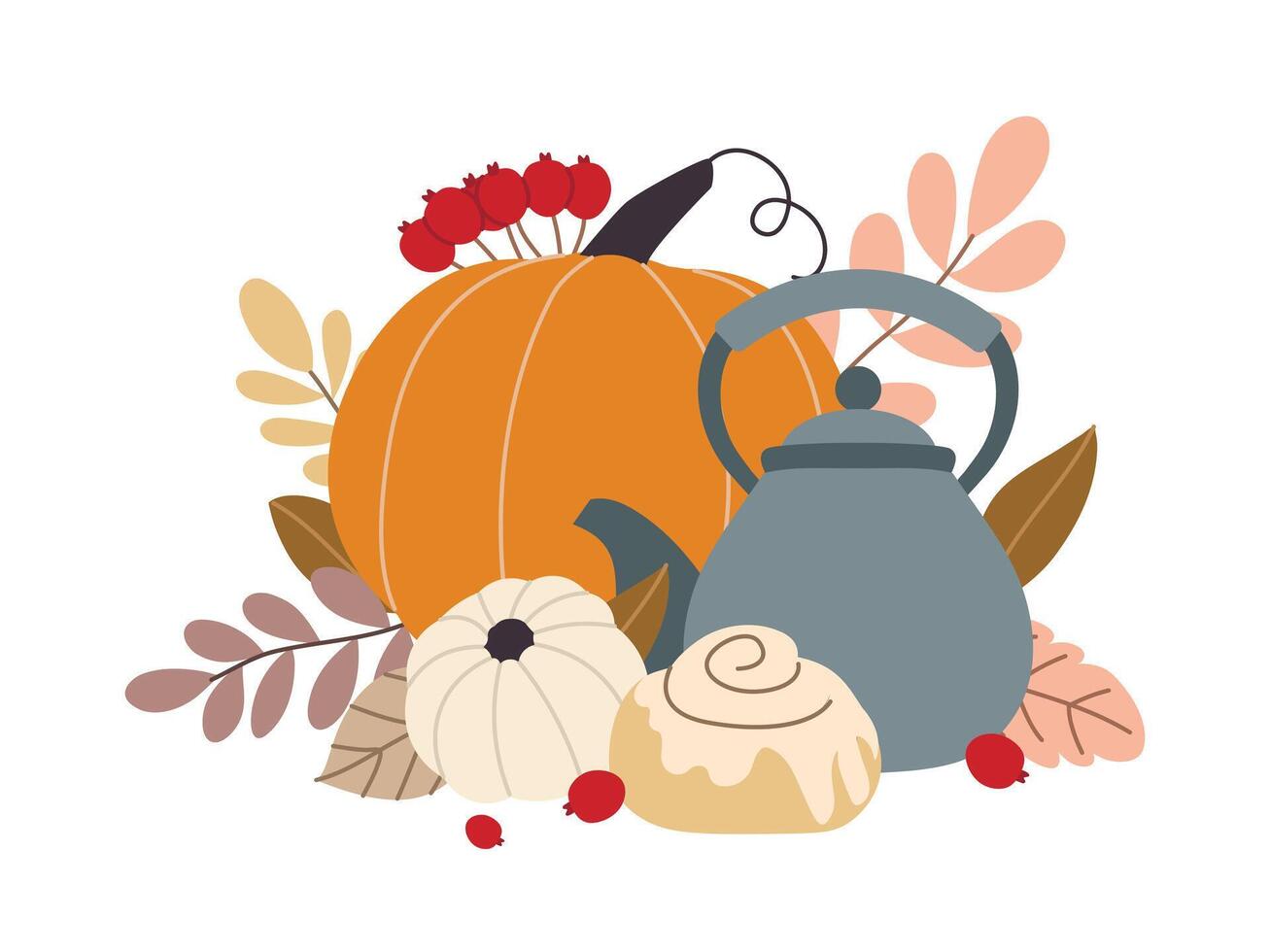 Autumn pumpkins and forest leaves and berries, tea kettle and cinnabon vector
