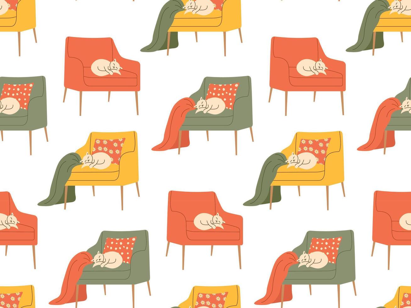 Cozy seamless pattern with cat on chair. illustration for home decor, pet themed designs, and comfortable interiors vector