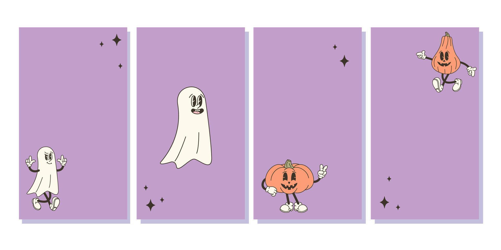Set of vertical Halloween backgrounds with copy space for text. illustration with retro style pumpkin and ghost vector