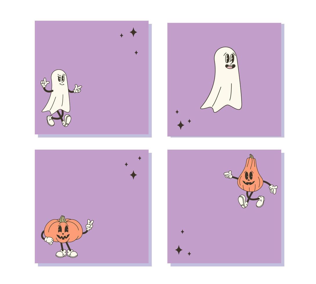Set of square Halloween backgrounds with copy space for text. illustration with retro style pumpkin and ghost for festive designs vector