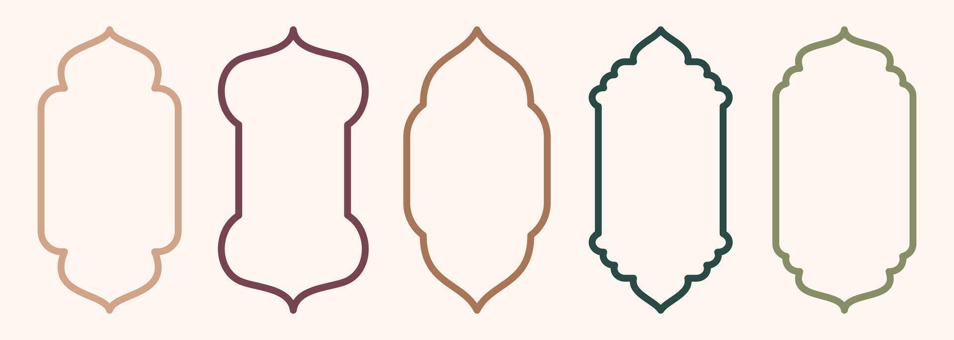 Shape Islamic door and window silhouette Arabic arch. Collection of patterns in oriental style. Frames in Arabic Muslim design for Ramadan Kareem. mosque gate stroke isolated on white vector
