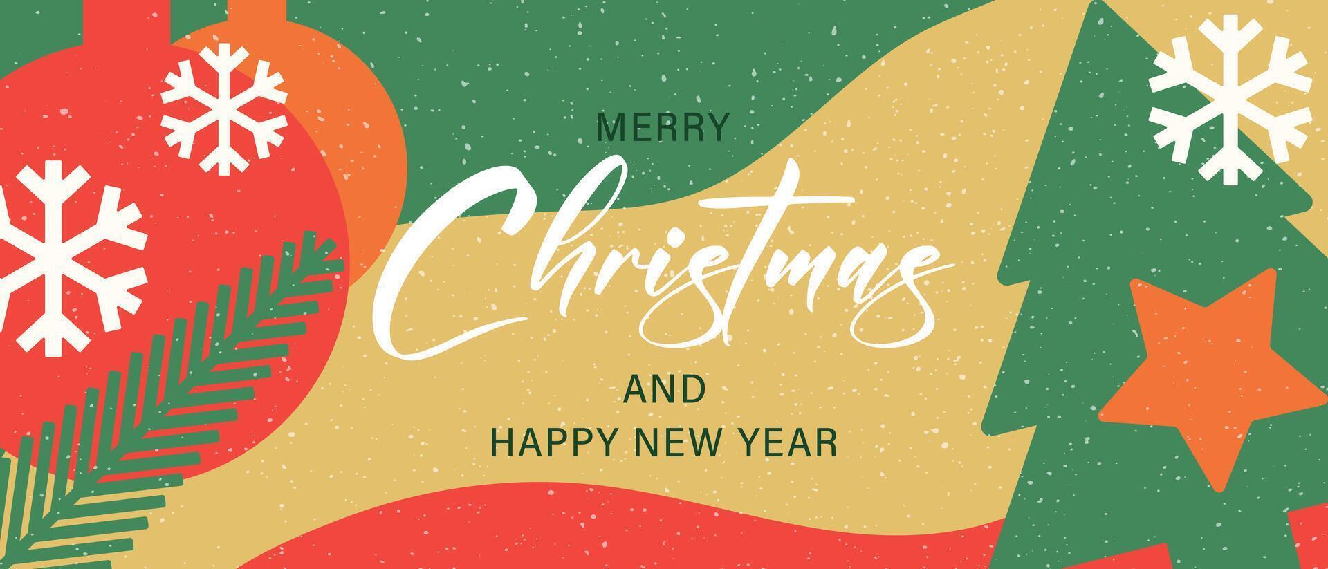 Banner or card with Christmas and New Year. Modern design with beautiful snowflakes, Christmas tree, toys and stars. vector