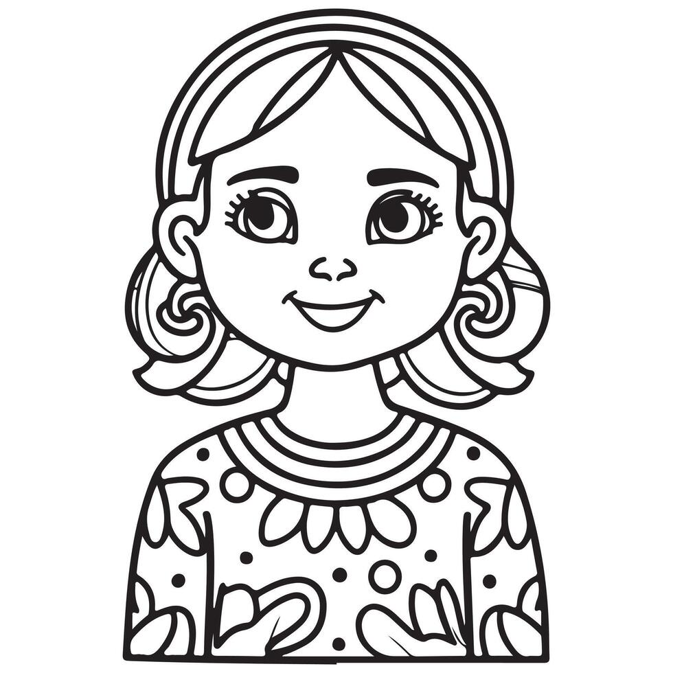 Adorable and cute little girl drawing for children cute woman colouring book page illustration vector