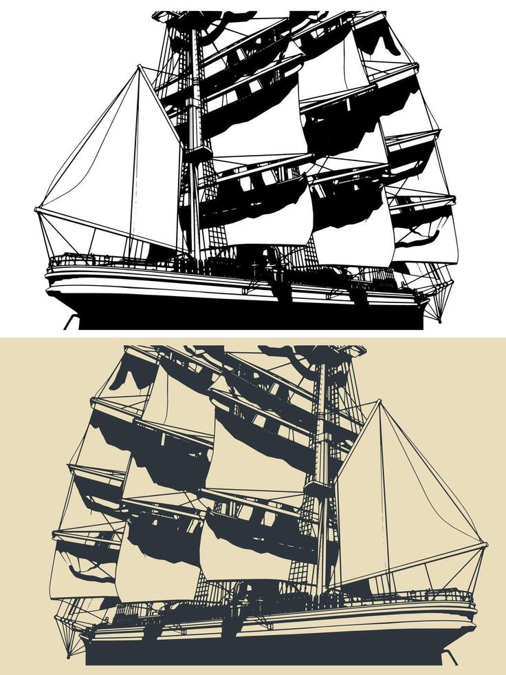 Large sailing ship close-up vector