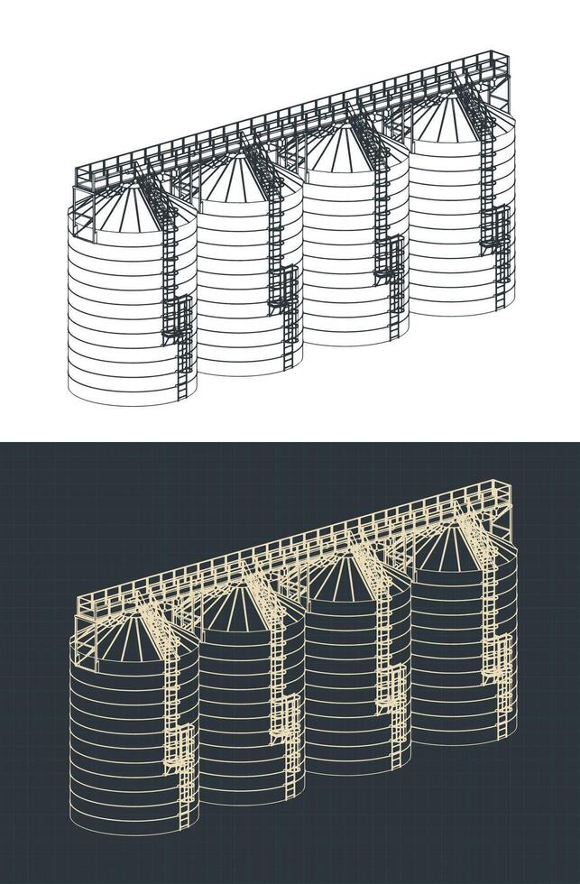 Grain storage facility isometric blueprints vector