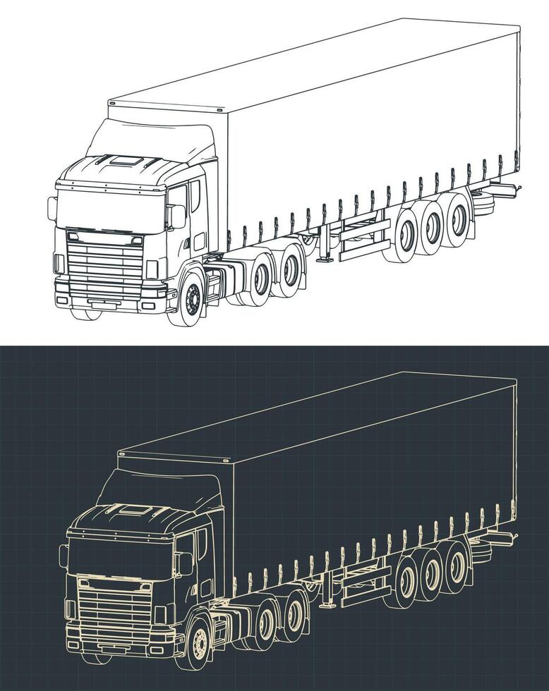 Semi truck trailer isometric blueprints vector