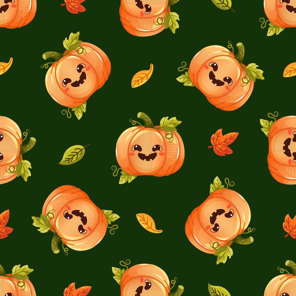 Seamless pattern featuring adorable Halloween cute pumpkins with autumn leaves on a dark green background vector