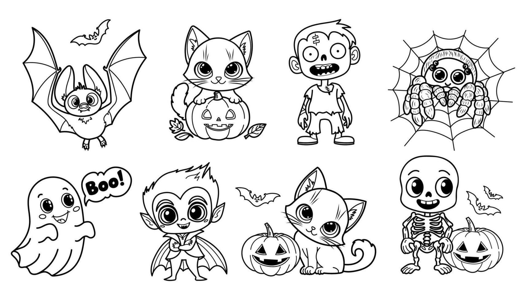 Halloween themed illustration with cute spooky characters. Bat, ghost, zombie, skeleton, vampire, spider and kittens vector
