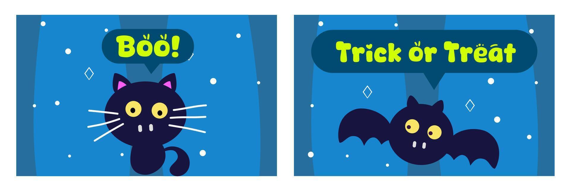 Set of Happy Halloween day poster or banner template with cute cat and bat cartoon style on blue background vector