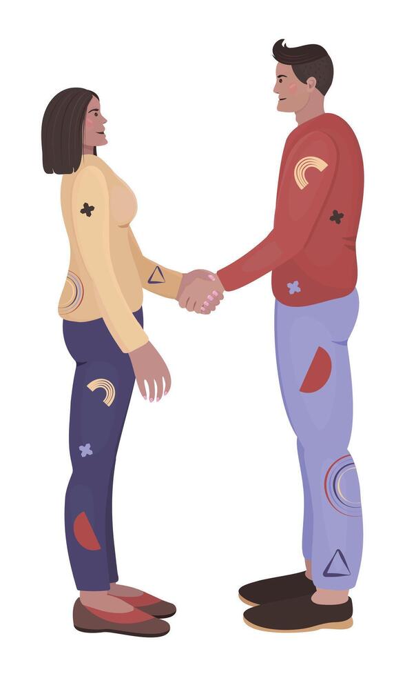 Woman and man handshake, flat characters, trendy disproportionate people in clothes with memphis style elements, color illustration vector