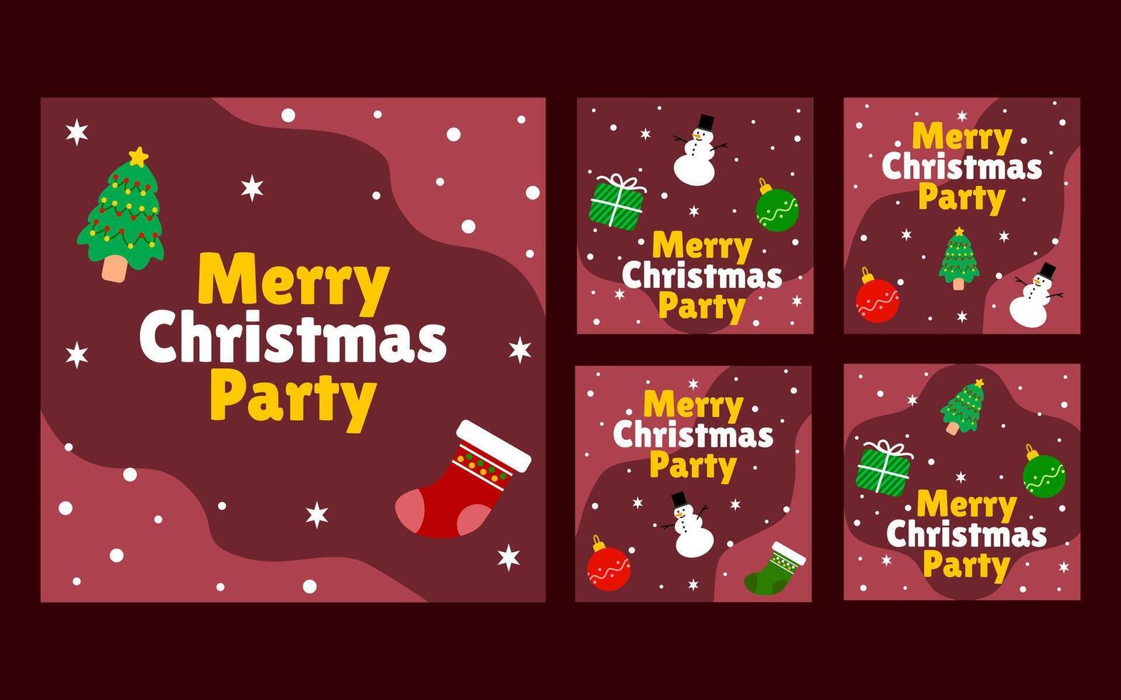 Christmas party invitations, red background, snow, ornaments, trees, presents, snowmen, stocking. vector