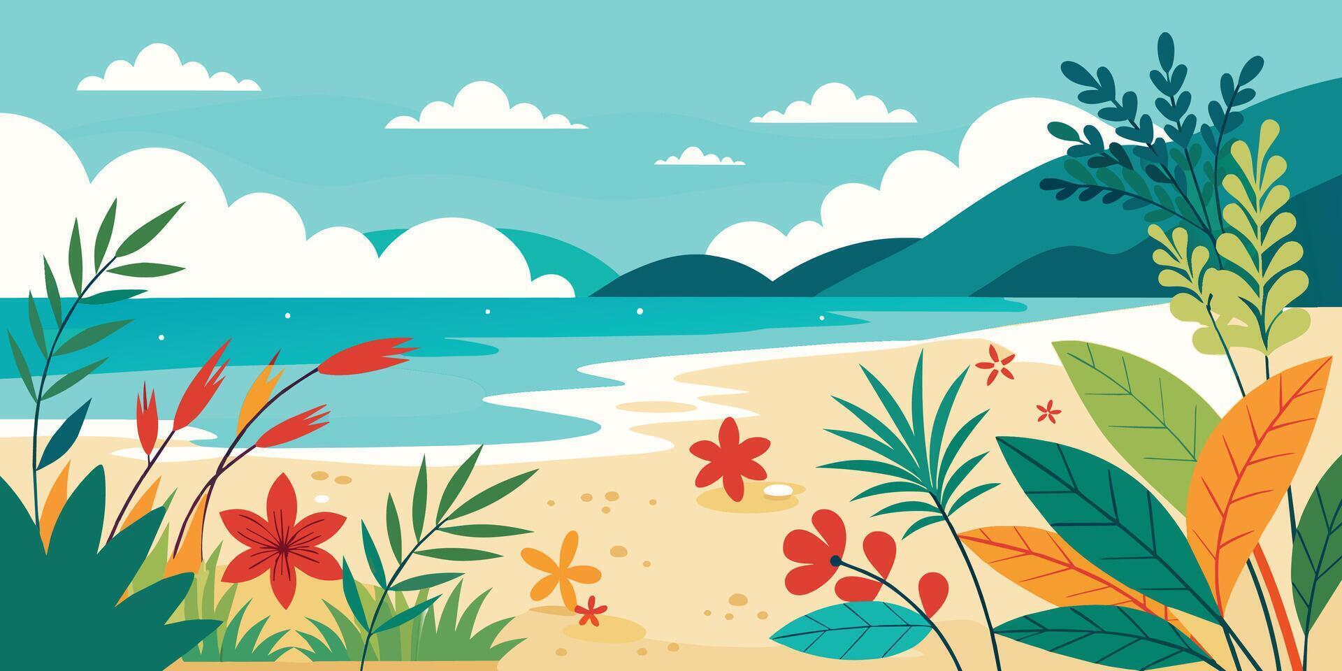 Summer sea beach with summer leaves and flowers minimal background vector