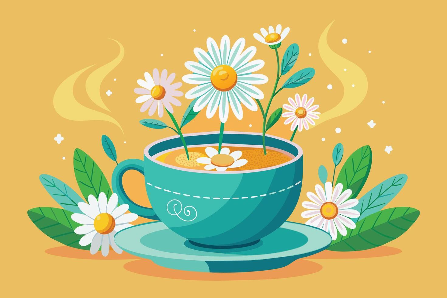 Cozy chamomile flowers in a cup of tea Illustration vector