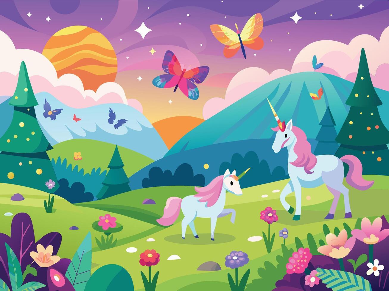Peaceful meadow with grazing unicorns and shimmering butterflies Illustration vector