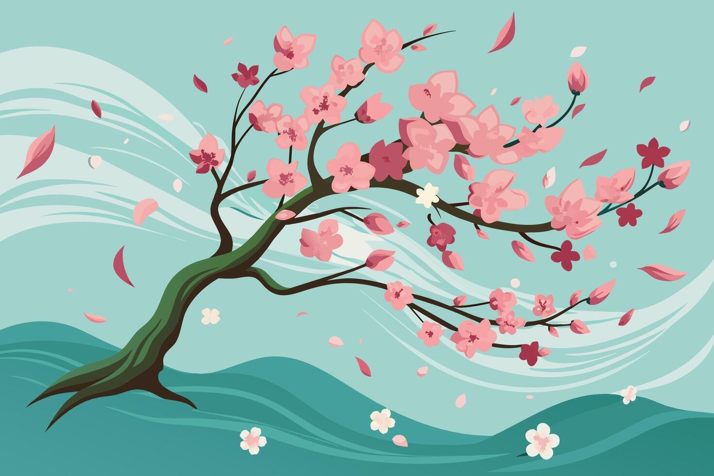 Graceful cherry blossoms cascading in the wind Illustration vector
