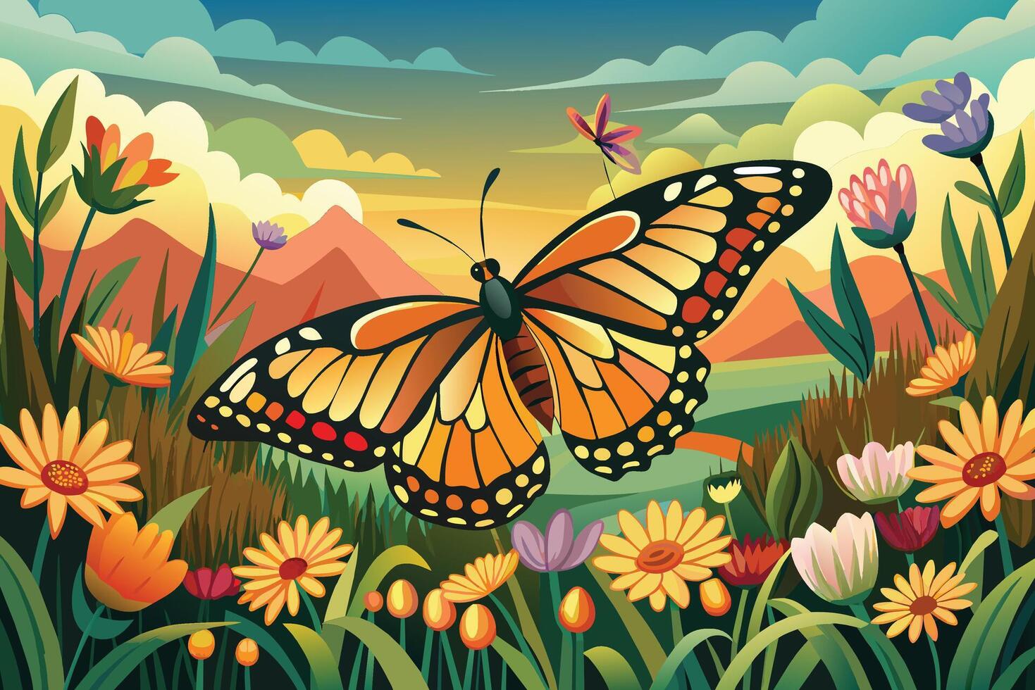 Majestic butterfly fluttering through a field of flower background, Butterfly flying on flowers illustration vector