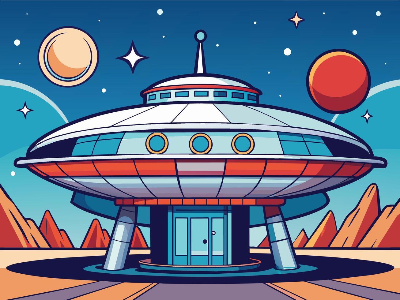 Retro-inspired space station with sleek, futuristic design Illustration vector