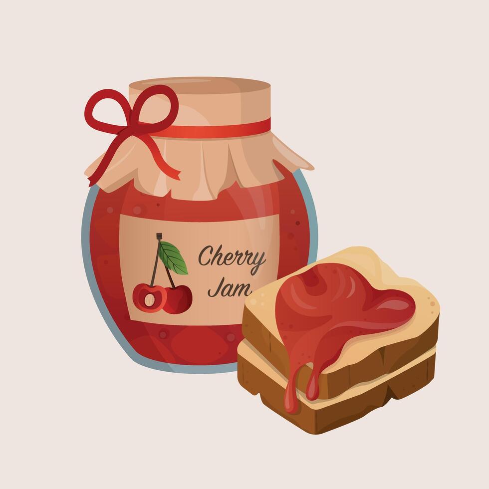 Bread toasts and cherry jam. Tasty and sweet breakfast. vector
