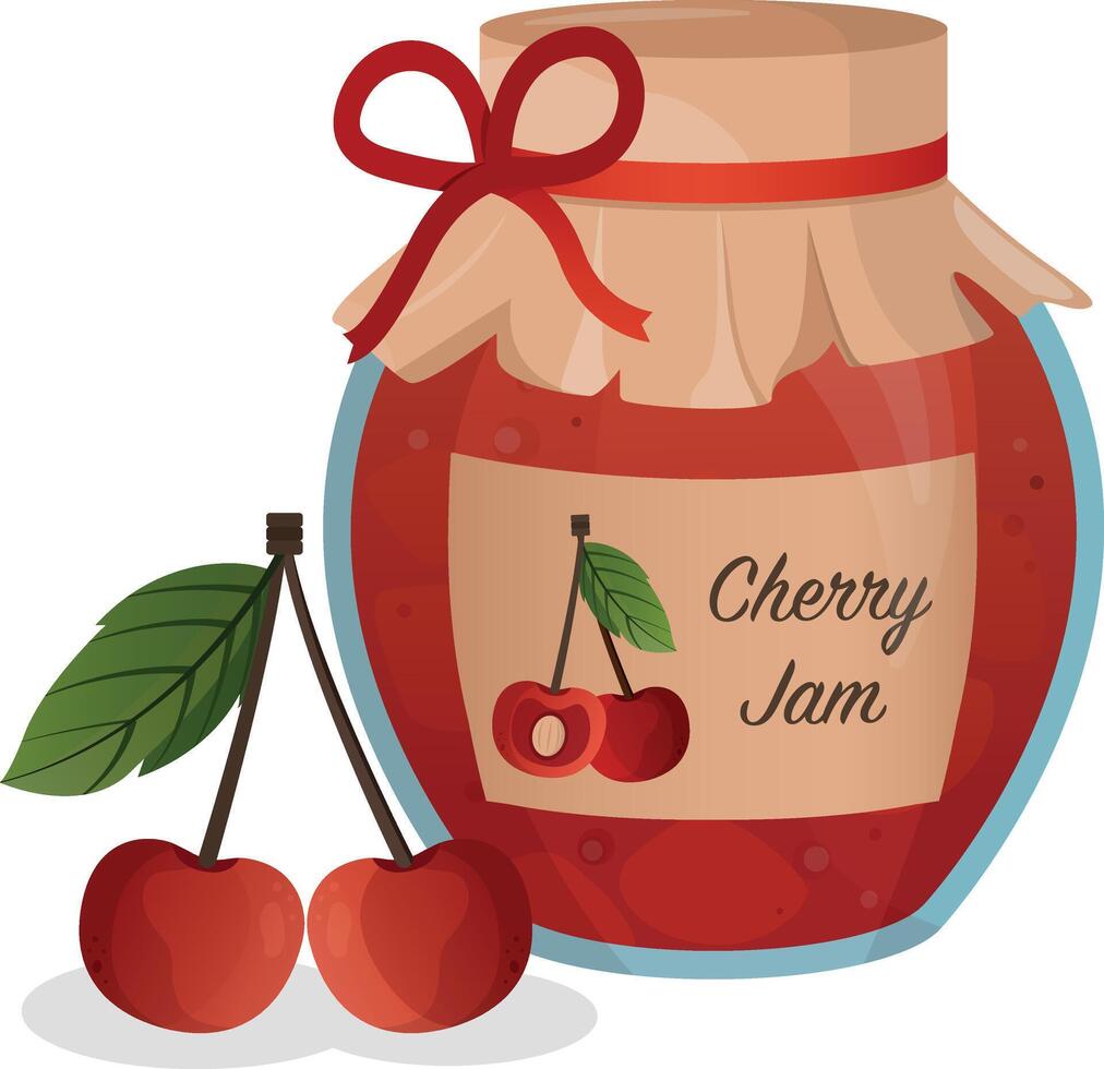 Jar with cherry jam. Homemade cherry jam in a glass jar. flat cartoon illustration. White background, isolated. illustration vector