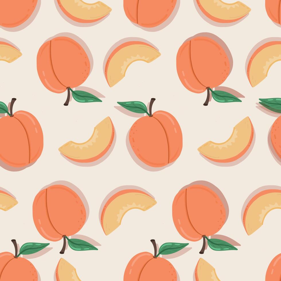 Peach fruit seamless pattern. Peach in cartoon style repeated backdrop. Whole fruit and cut half. Food template for background, textile, wrapping paper, wallpaper vector
