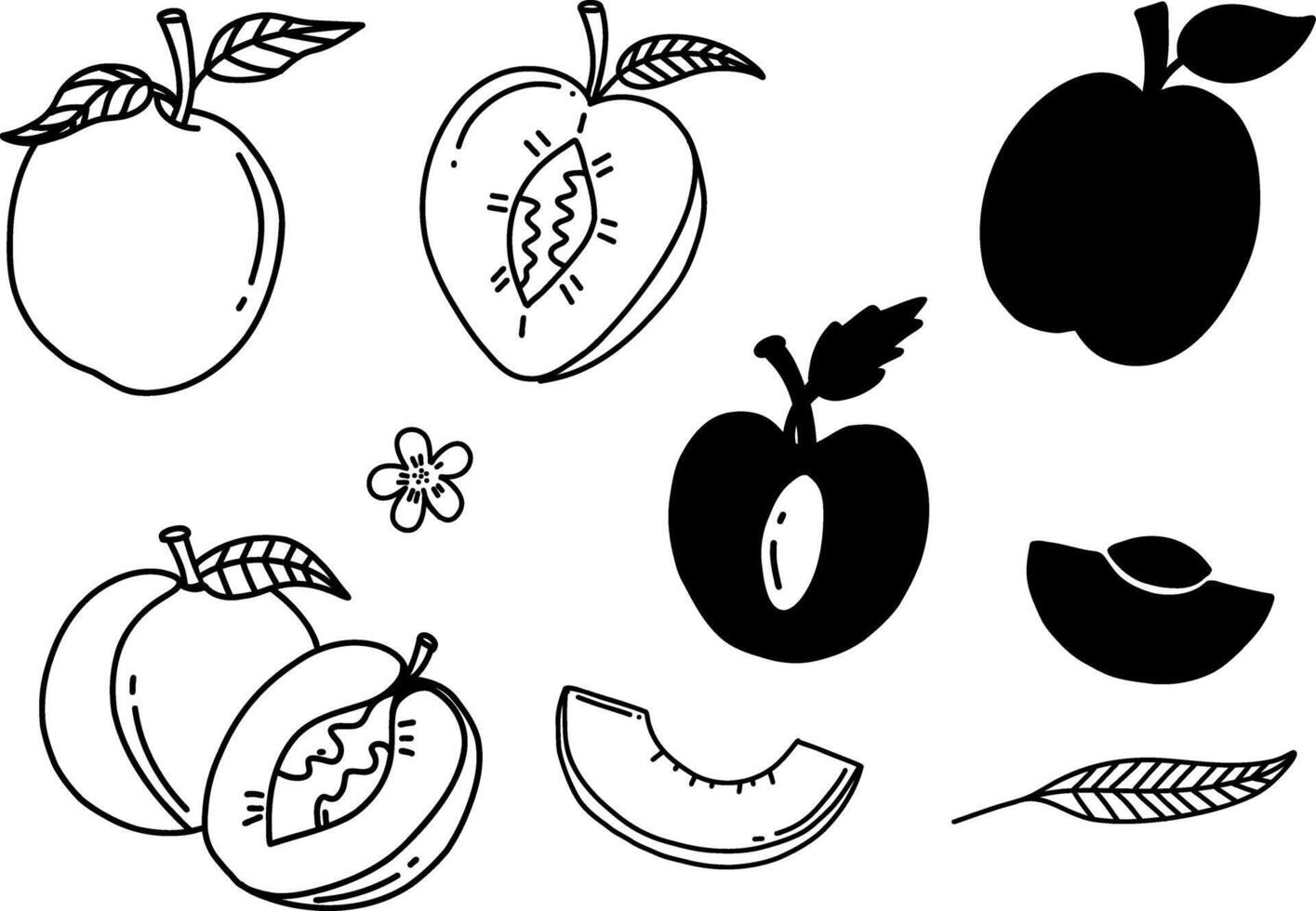 Set of peach in hand drawn style. Peach silhouette vector