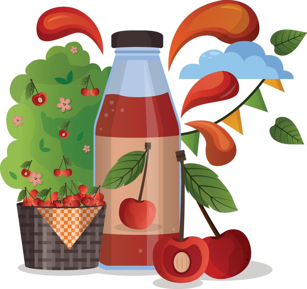 Fresh cherry juice in glass bottle concept. Harvest festival poster design with cherry. Invitation for crop fest. Red cherry drop on juice splash and ripple vector