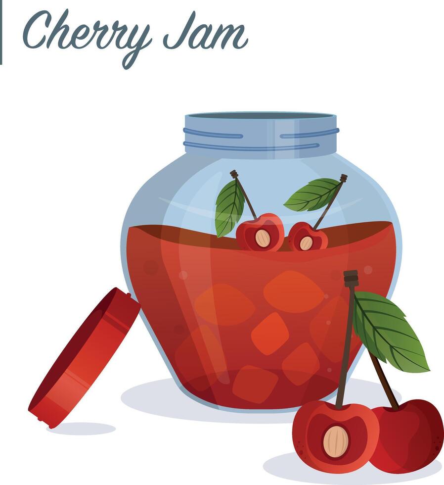 Cherry jam in jar. Cherry confiture. food illustration in cartoon flat style. Breakfast vector