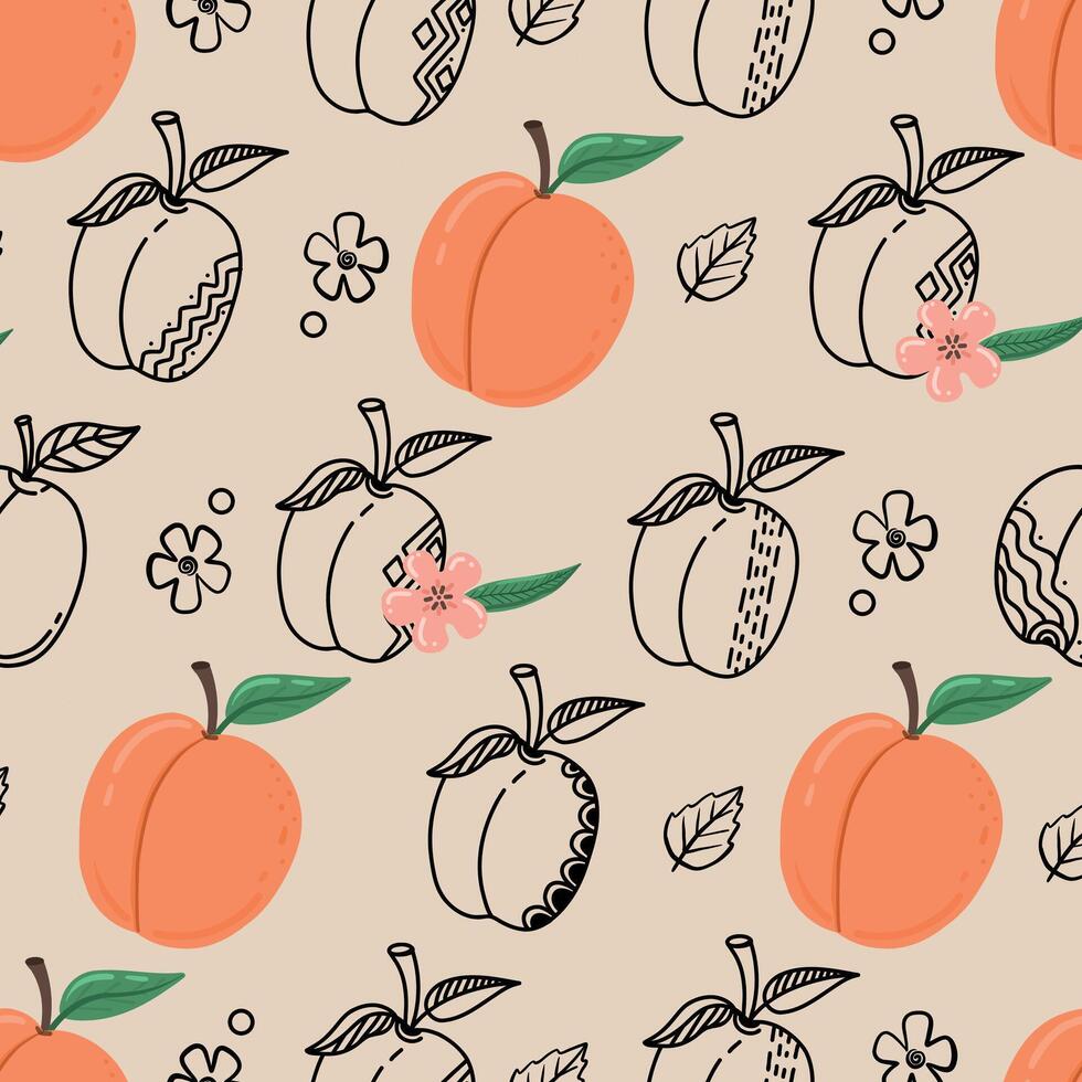Peach fruit seamless pattern. Peach in cartoon and hand drawn style repeated backdrop. Whole fruit and cut half. Food template for background, textile, wrapping paper, wallpaper vector
