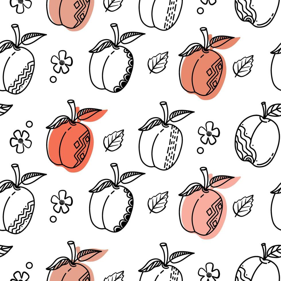 Peach fruit seamless pattern. Peach with leaf hand drawn repeated backdrop. Whole fruit and cut half. Food template for background, textile, wrapping paper, wallpaper. vector