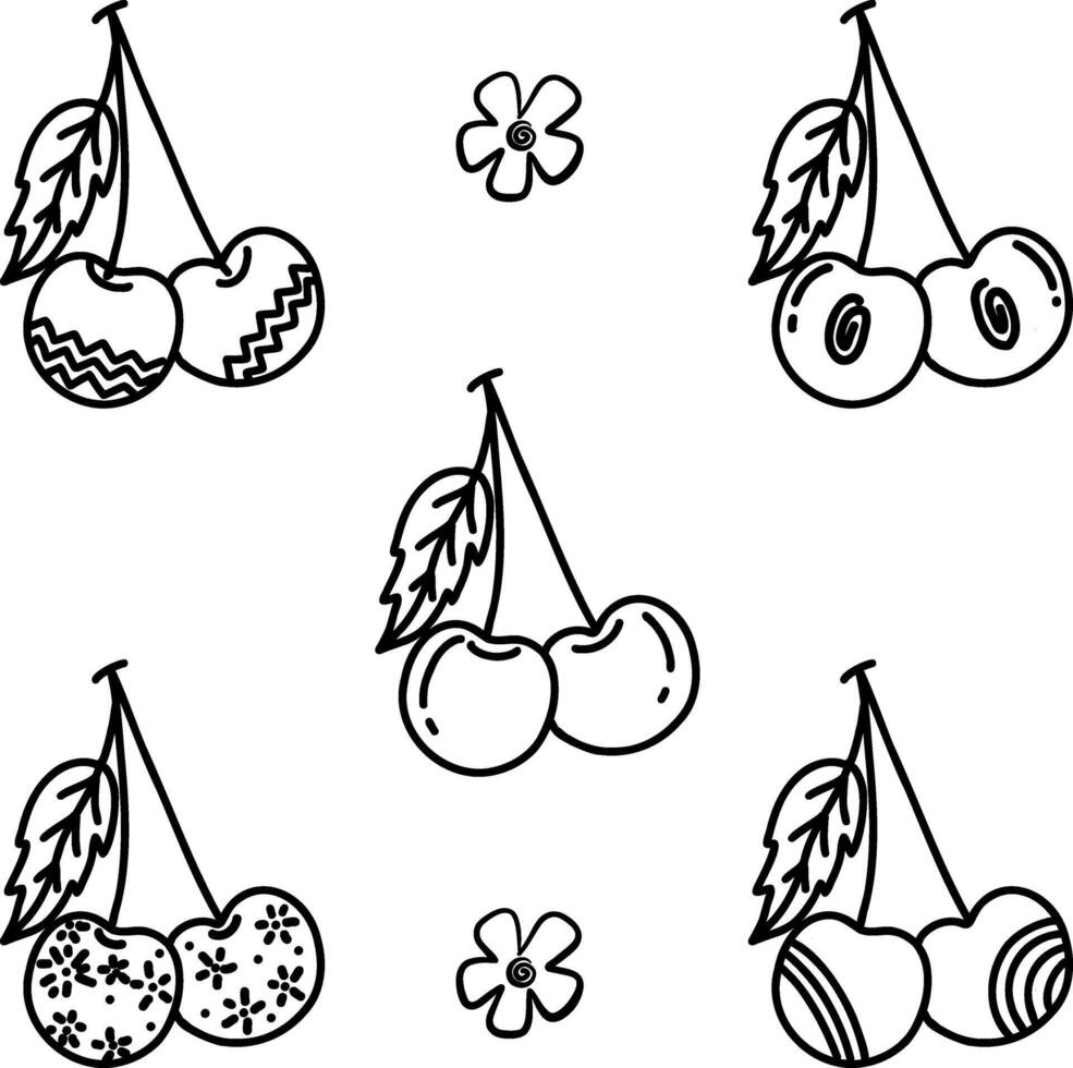 Cherry hand drawn style with abstract lines ornaments. Food eco template for menu, cherry jam and juice label, tea banner, textile vector