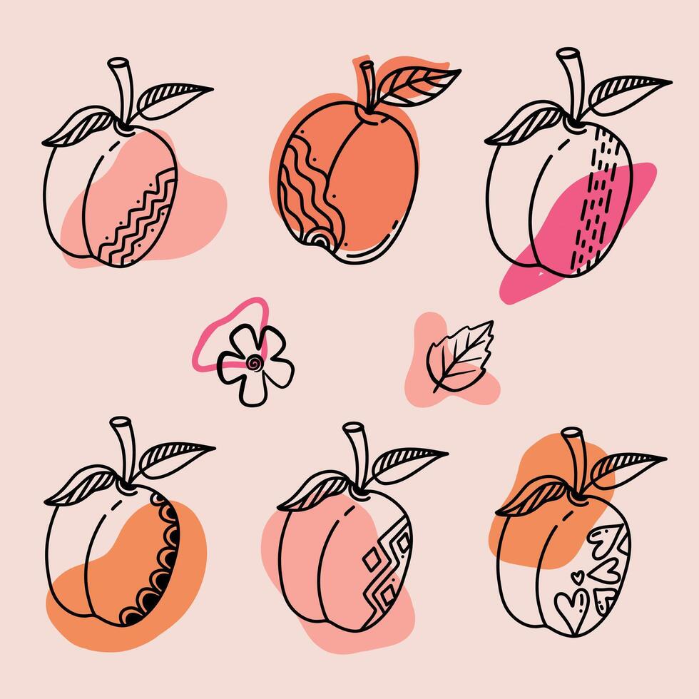 Peach in hand drawn style with abstract shapes. Food eco template for menu, peach jam and juice label, tea banner. illustration vector