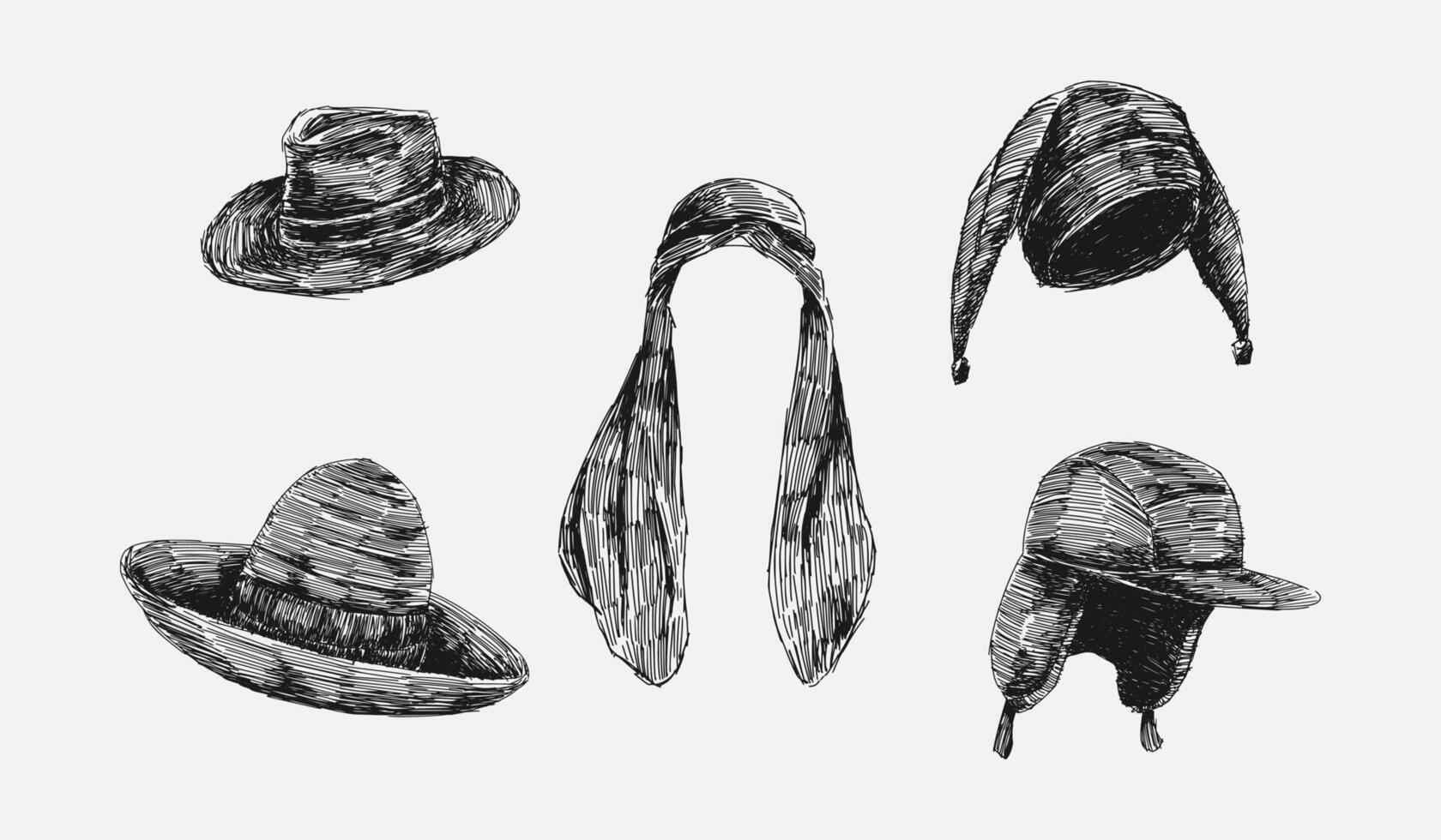 Set collection scribble drawing of fedora hat, keffiyeh, sombrero hat, jester hat, and trapper hat. Graphic illustration. vector