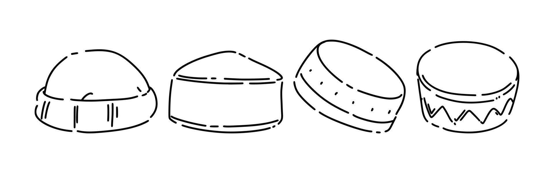 Set line drawing of islamic cap, skull cap, kopiah, songkok, peci. Isolated on white background. Graphic illustration. vector