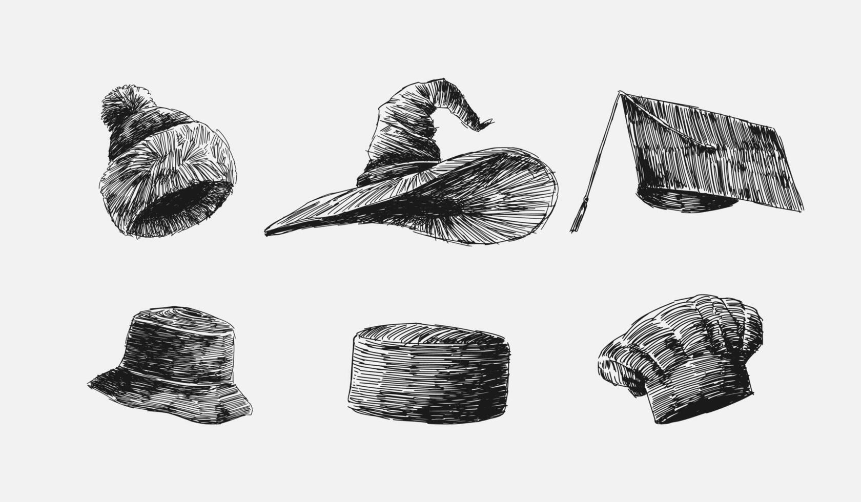 Set collection scribble drawing of beanie hat, witch hat, graduation cap, bucket hat, muslim cap, and chef hat. Graphic illustration. vector