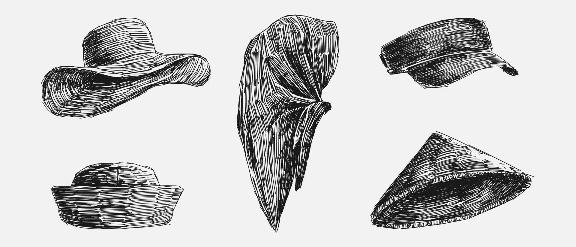 Set collection scribble drawing of straw hat, hijab, visor cap, sailor hat, and caping or farmer hat. Graphic illustration. vector