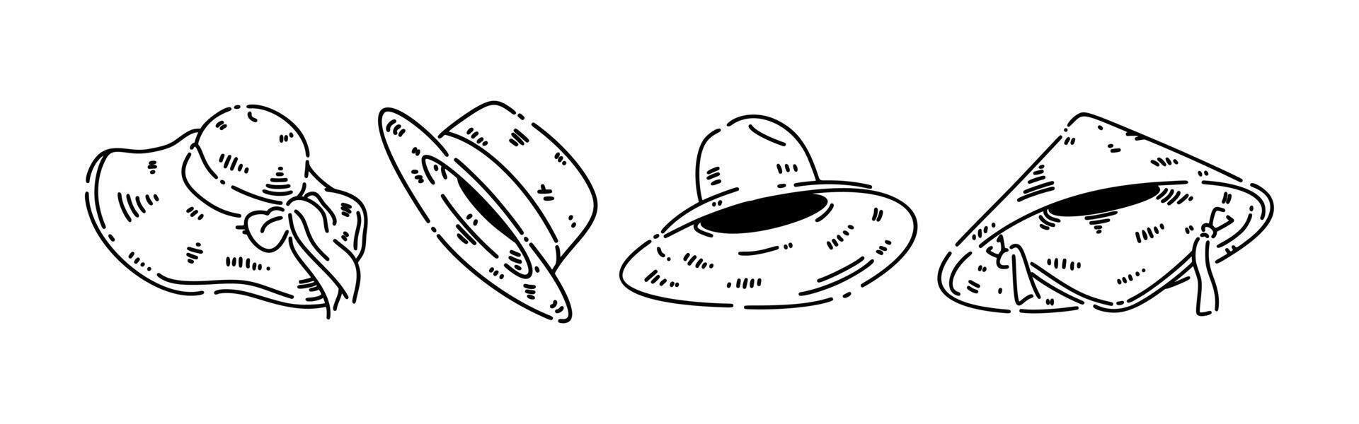 Set line drawing of straw hat, sun hat, farmer hat. Isolated on white background. Graphic illustration. vector