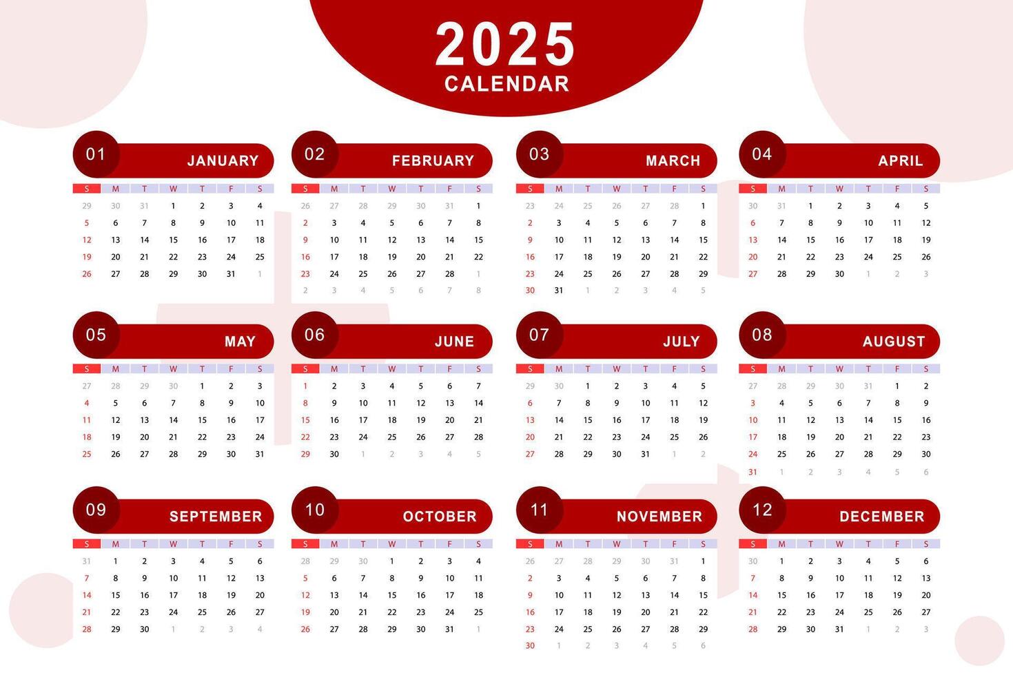 Monthly calendar template of year 2025. vector
