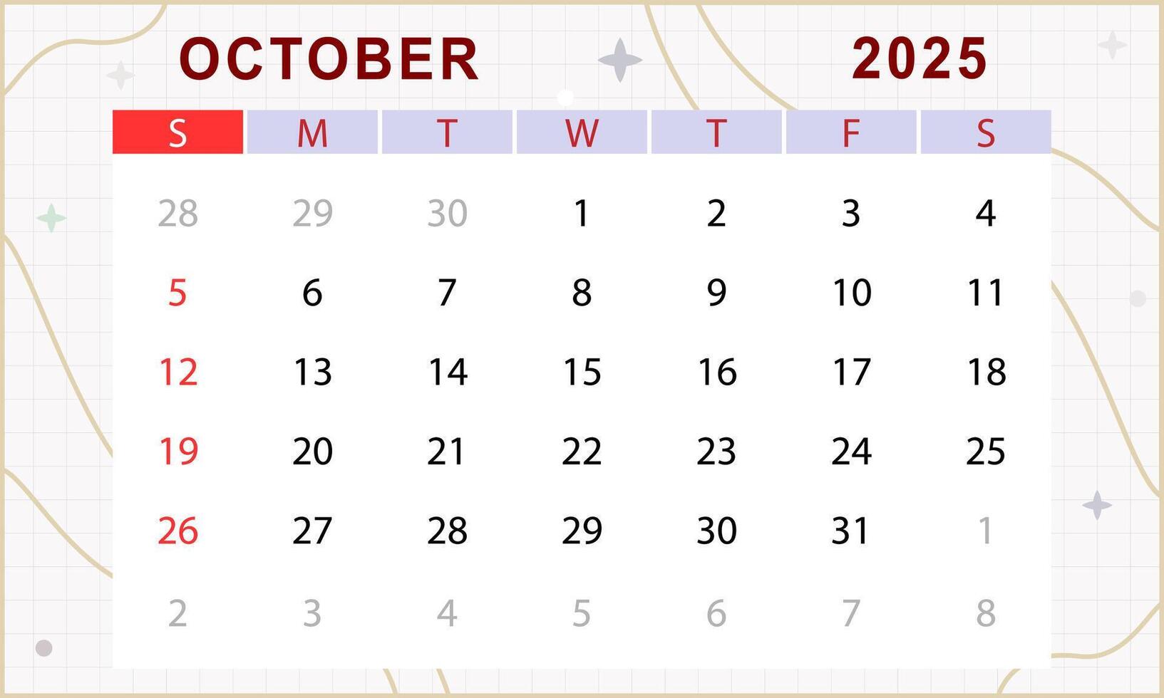 October 2025 monthly calendar. Cute calendar template. Sunday start. vector