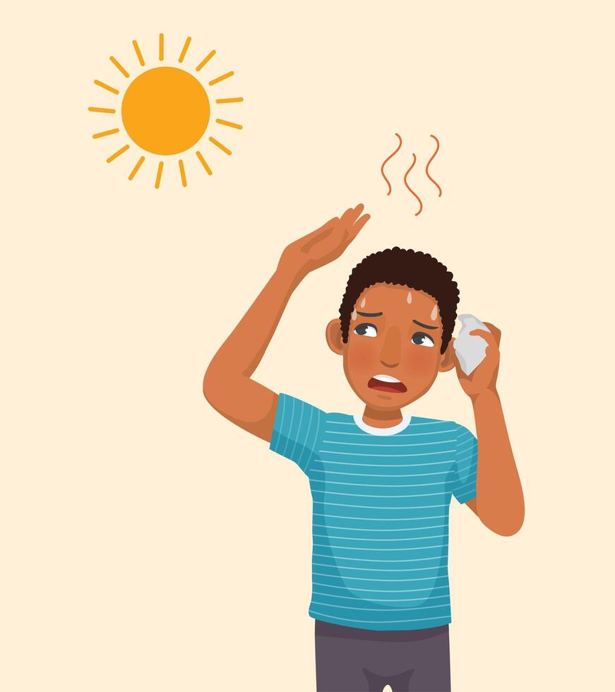 Young African man suffering from heat wave stoke in very hot weather temperature because of global climate change vector