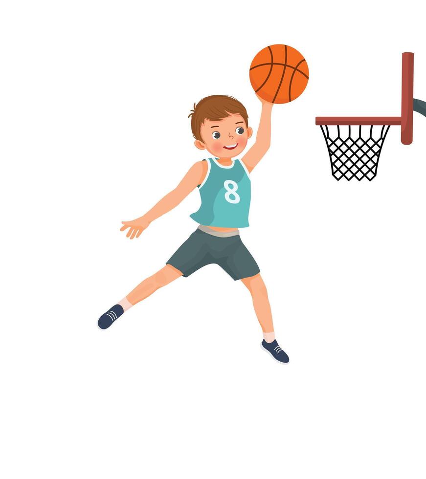 Cute little boy basketball player jumping high performing slam dunk in action vector