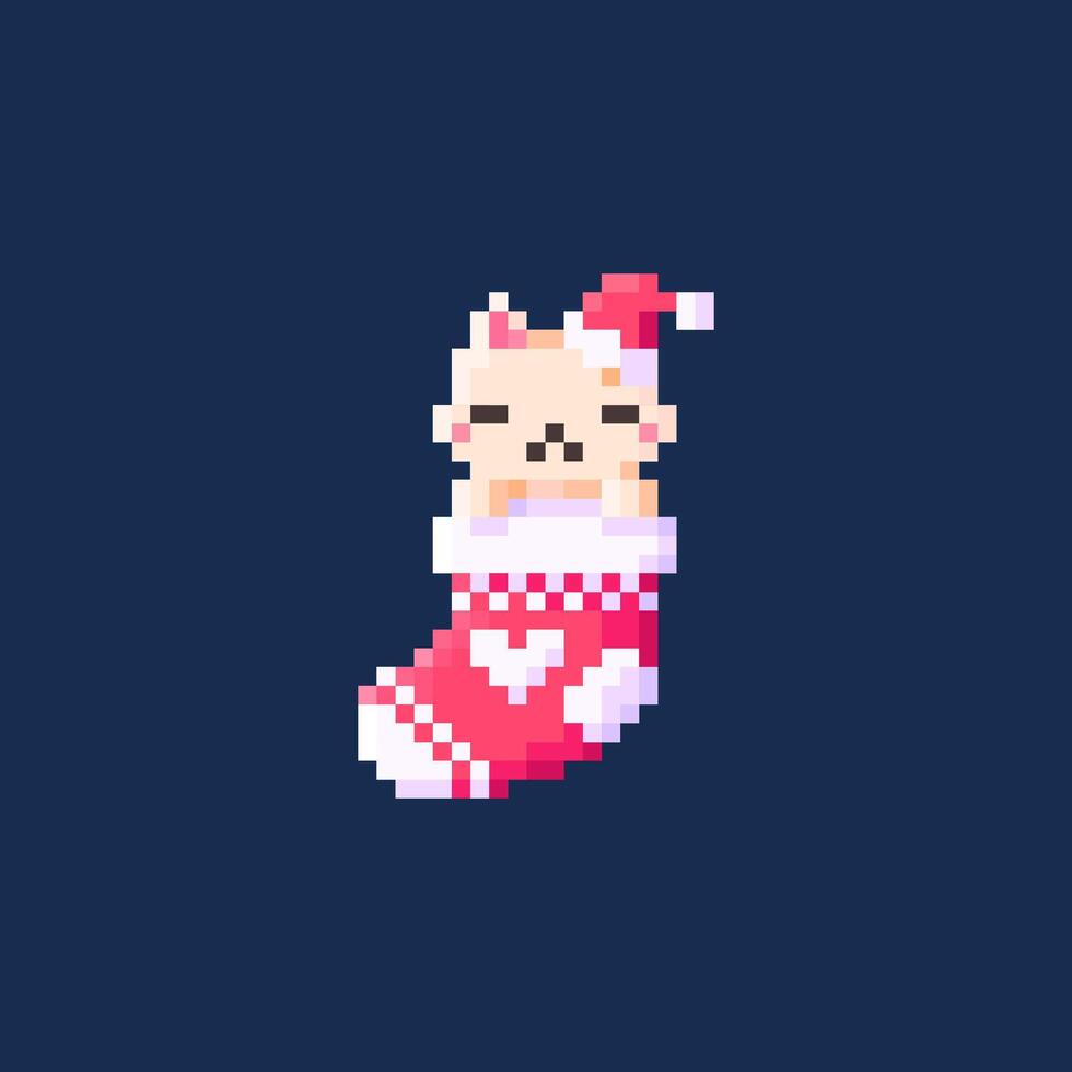 pixel art of sleeping kitty on christmas sock vector