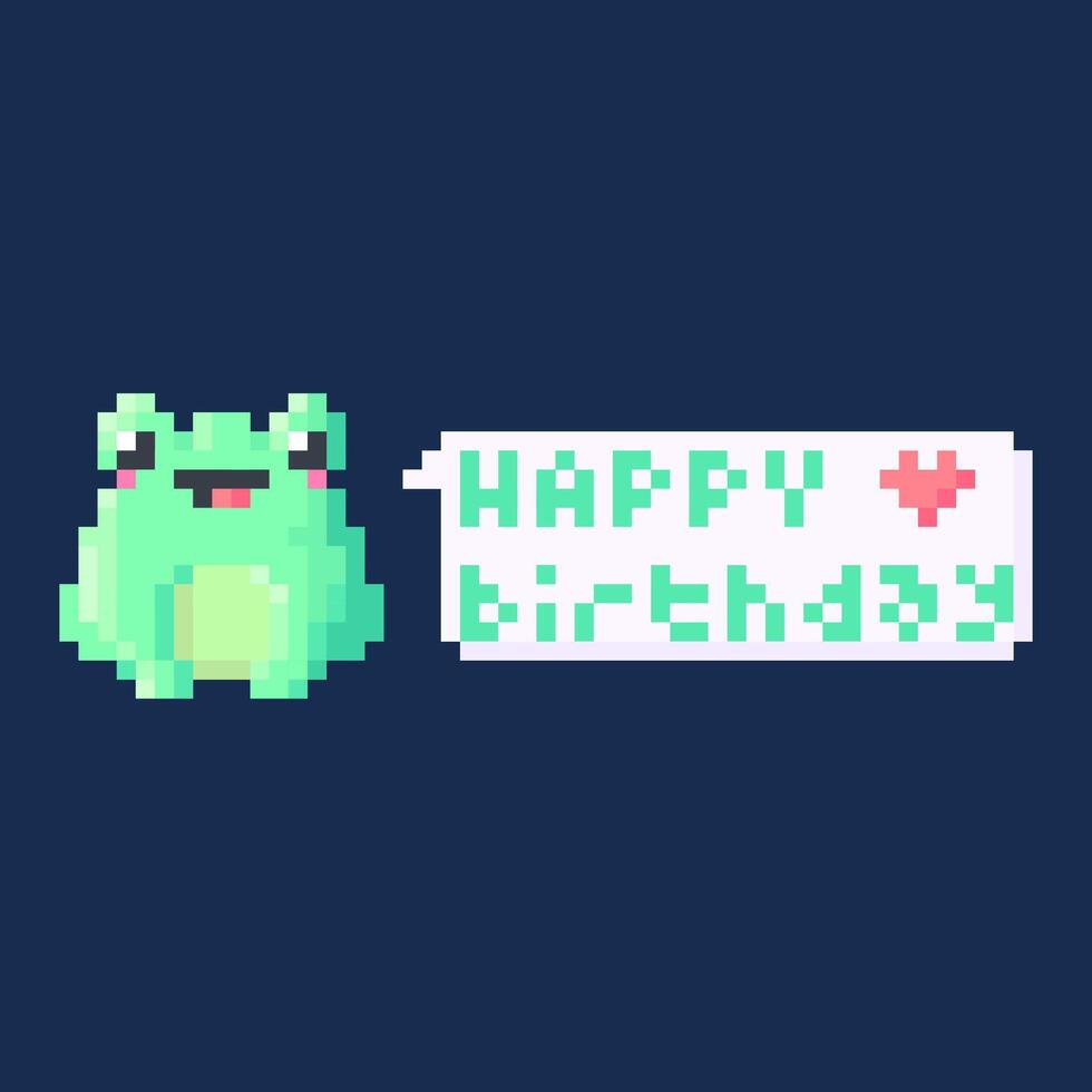 pixel art of a green frog with a banner that says happy birthday. vector